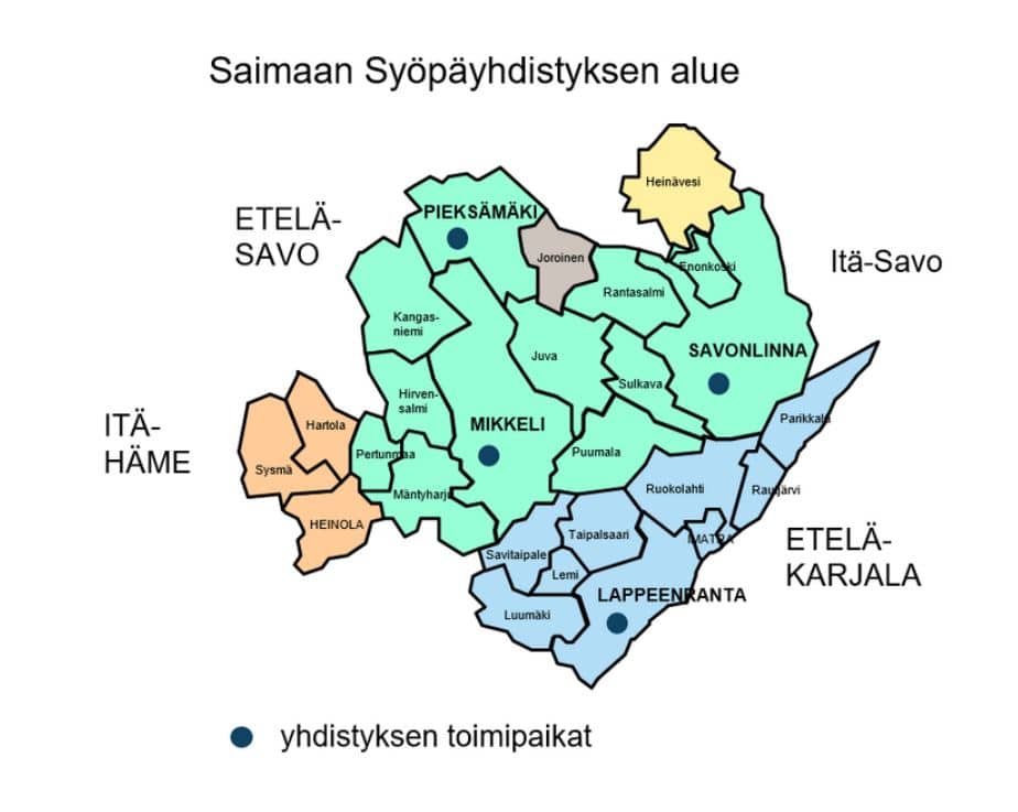 Kartta Saimaan Syöpäyhdistyksen toimialueesta.