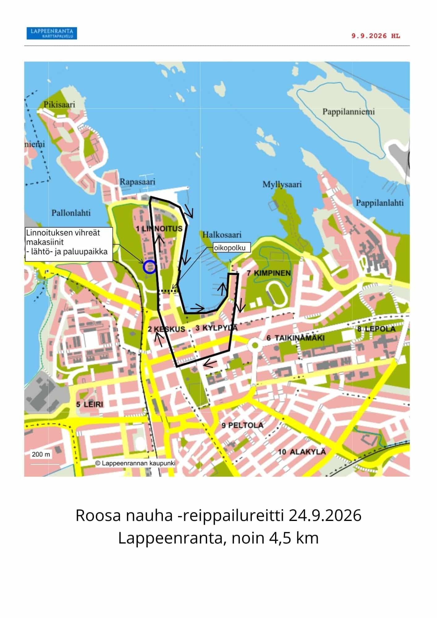 Karttakuva Roosa nauha -reippailun reitistä 24.9.2026